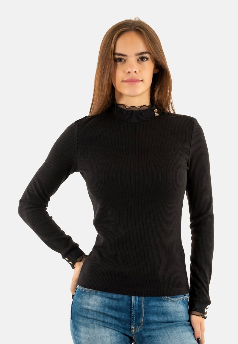 Zwarte geribbelde lange mouw top met een hoge, gegolfde kraag en twee decoratieve knopen, slim fit en textuurstof.