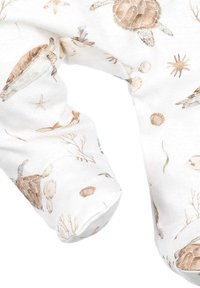 White fabric featuring a continuous pattern of marine-themed illustrations, including turtles, shells, and marine plants, in soft beige tones.