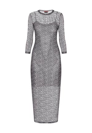 Long-sleeve, fitted dress in sheer mesh with a grey leopard print, featuring a round neckline and mid-calf length.