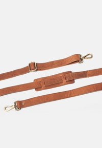Leather shoulder strap in brown; features a padded section and metal clasps. Smooth texture with stitching details and adjustable length.