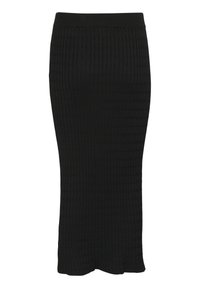 Jupe midi en tricot noir côtelé avec une silhouette ajustée et une taille élastique. Présente un motif texturé sur l'ensemble du tissu.