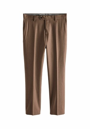 Brown, tailored trousers made from textured fabric. Features a single button closure, two front pockets, and a straight-leg cut.