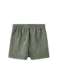 Pantaloni corti in corduroy verde con vita elastica, caratterizzati da una texture morbida e un design semplice e privo di ornamenti.