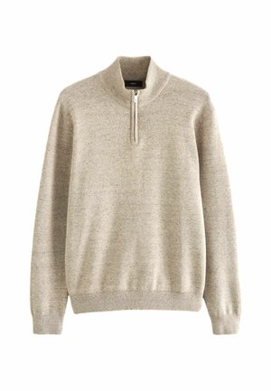 Beige, zip-nek trui gemaakt van zacht, textuurstof. Geribbelde manchetten en zoom. Eenvoudig ontwerp, geschikt voor casual kleding.