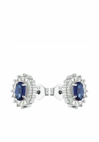 Söta silverörhängen med ovala blå ädelstenar omgivna av klara baguette-slipade stenar i en blomsterarrangemang.