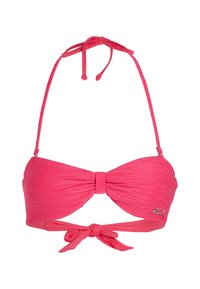 Rausvo bikini viršus su raukšlėta gamyba, kaklo raiščiais ir priekiu surišta detale. Pusėje yra metalinė prekės ženklo etiketė.