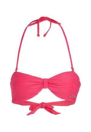 Rózsaszín bikini felső, ráncolt dizájnnal, nyakba köthető pántokkal és elől elhelyezett masnival. Az oldalán fémes márkalogó található.