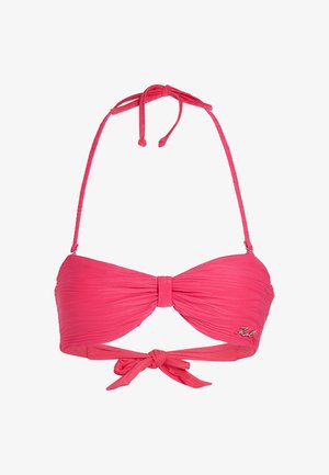 Rózsaszín bikini felső, ráncolt dizájnnal, nyakba köthető pántokkal és elől elhelyezett masnival. Az oldalán fémes márkalogó található.