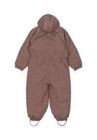 Ruskea eristetty talvihaalari hupulla, joustavilla resoreilla hihoissa ja kiristysnyörillä vyötäröllä. Varustettu heijastinnauhalla ja saapaslenkeillä, jotka takaavat turvallisen istuvuuden.