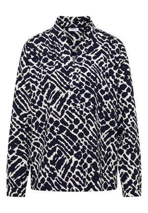 Marineblauwe en witte button-up shirt met een abstract dierenprint, lange mouwen en een kraag met een verlengd achterpand.