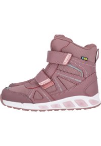 Roze waterdichte hoge sneakers met klittenbandsluitingen, rubberen zool, mesh accenten en reflecterende details voor zichtbaarheid.