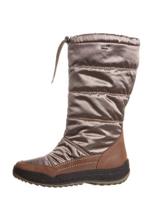 Tall winter boot with padded brown satin upper, brown leather heel and toe accents, black rubber sole, and adjustable drawstring at the top.