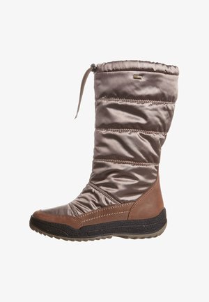 Tall winter boot with padded brown satin upper, brown leather heel and toe accents, black rubber sole, and adjustable drawstring at the top.