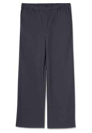 Ciemnoszare spodnie o szerokich nogawkach z elastycznym paskiem w talii, gładką fakturą, bez widocznych kieszeni czy ozdób.