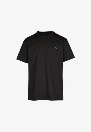 Zwarte katoenen t-shirt met korte mouwen en een ronde hals. Heeft een kleine grijze vogelafbeelding op de linkerborst.