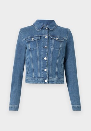 Denim jacket in light blue, featuring a pointed collar, two chest pockets, silver hardware, and a cropped fit with stitched detailing.