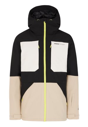Chaqueta de esquí con un diseño a bloques de color en negro, crema y beige claro, con detalles en amarillo en la cremallera y dos bolsillos frontales.