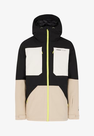 Skijacke mit einem Farbblockdesign in Schwarz, Creme und Hellbeige, mit gelben Reißverschlussakzenten und zwei Vorderstaschen.