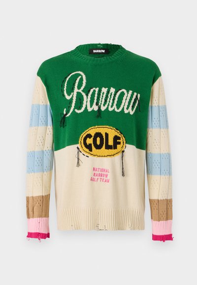 Strikket sweater med tekstur i grønne, beige, blå og brune sektioner. Har "Barrow" og "GOLF" logoer samt flossede kanter og manchetter.