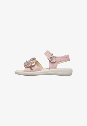 Pink toddler sandal with adjustable ankle strap, white sole, and decorative flowers on the front strap.