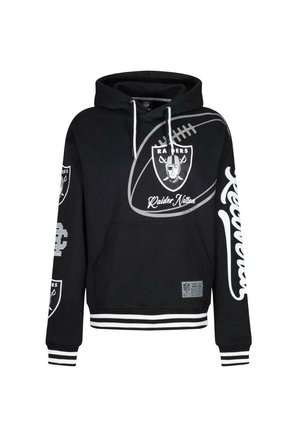 Zwarte hoodie met grijs Raider Nation-logo, voetbalafbeelding en teambadge. Beschikt over trekkoorden, een voorzak en gestreepte manchetten.
