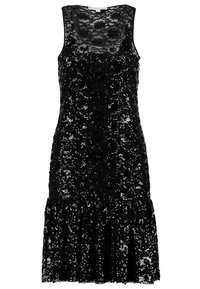 Robe noire sans manches avec une texture pailletée, un corsage ajusté et un ourlet volanté évasé. Le matériau semble brillant et réfléchissant.