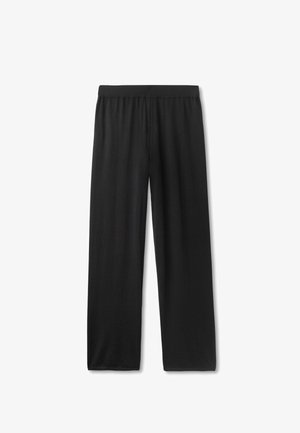 Czarne szerokie spodnie wykonane z miękkiego, elastycznego materiału. Posiadają elastyczny pas, gładką fakturę oraz długość do podłogi.