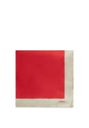 Foulard di seta con un grande quadrato rosso centrato su uno sfondo crema, con la parola "MIRIADE" in rosso nell'angolo in basso a destra.