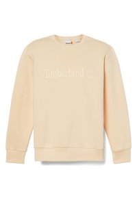 Sweat-shirt couleur pêche avec manches longues, bords côtelés aux poignets et à l'ourlet, arborant le logo "Timberland" brodé et un graphique d'arbre. Matière en mélange de coton.