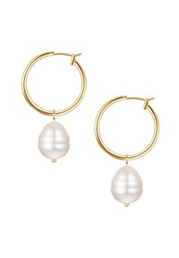 Auksiniai žiediniai auskarai su lygia ovalia balta perla. Žiedai yra apvalūs, su poliruotu paviršiumi ir saugia uždarymo sistema.