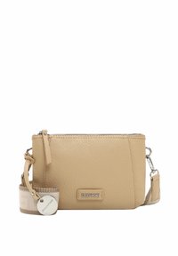 Beige leather crossbody bag with textured surface, zip closure, and detachable strap. Features a silver logo plate and patterned hardware.