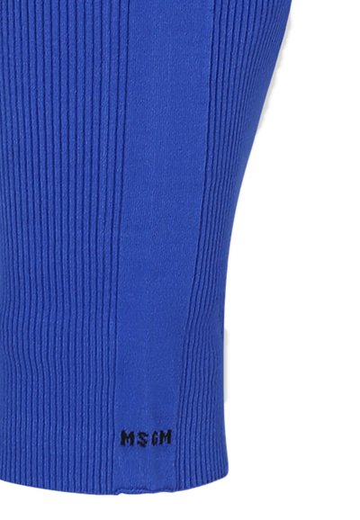 Gebreide blauwe legging met verticale ribbels, een aansluitende pasvorm, en een zwart "MSGM" label nabij de zoom. Zachte, rekbare stof.