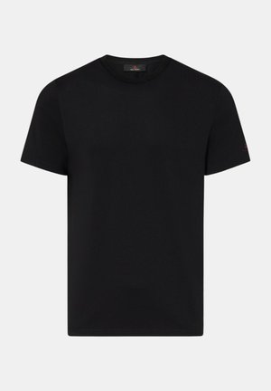 Schwarzes T-Shirt mit kurzen Ärmeln und Rundhalsausschnitt, mit dezentem Logodetail an Ärmel und Halsausschnitt, dargestellt auf einem einfarbigen hellen Hintergrund.