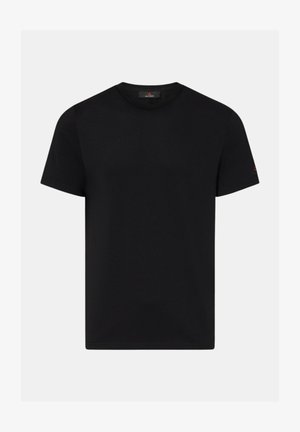 Schwarzes T-Shirt mit kurzen Ärmeln und Rundhalsausschnitt, mit dezentem Logodetail an Ärmel und Halsausschnitt, dargestellt auf einem einfarbigen hellen Hintergrund.