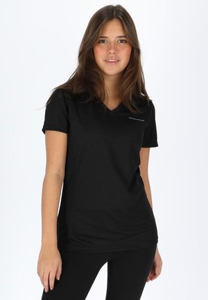 Black V-neck t-shirt made of smooth fabric, short sleeves, with a subtle logo detail on the left chest and a relaxed fit.