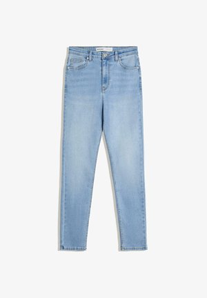 Hellblaue Jeans aus Denim mit hoher Taille, schmalem Bein, Fronttaschen und Reißverschluss. Der Stoff weist eine dezente, ausgebleichte Waschung auf.
