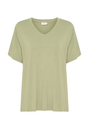 T-shirt verde chiaro a V con maniche corte. Tessuto morbido e leggero con vestibilità rilassata e dettaglio dell'orlo plissettato, senza motivi né accenti.