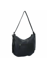 Zwarte leren hobo tas met een soepele textuur, gebogen ontwerp, lange schouderband en een ritsvak aan de voorkant.