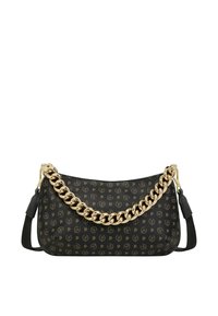 Borsa a spalla nera con un motivo testurizzato e tracolla in catena dorata. Presenta una finitura liscia con dettagli del logo e una tracolla rimovibile.
