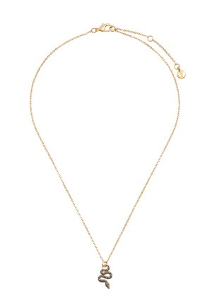 Zelta ķēdes kaklarota ar mazu melnu un zelta krāsas čūskas formas piekariņu un aizdari ar paplašinājuma ķēdīti.