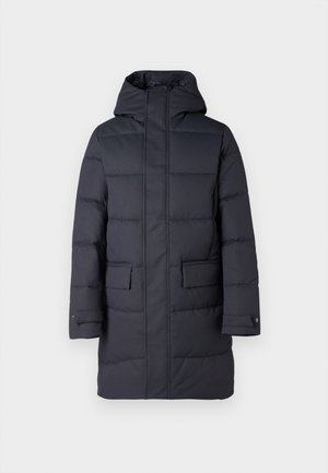 Long, navy blue puffer coat with a hood, featuring a zippered front, two front pockets, and elastic cuffs. Smooth texture with quilted design.