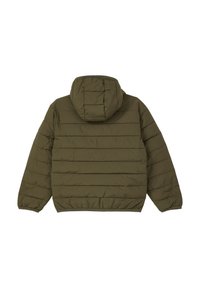 Olivgrüne gepolsterte Jacke mit Kapuze, ausgestattet mit horizontalen Nähten sowie elastischen Bündchen und Saum. Glatte Textur mit einem leicht glänzenden Finish.