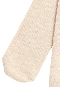 Calze in cotone beige con una sottile texture a coste, caratterizzate da una punta arrotondata e una finitura liscia. Senza motivi o dettagli evidenti.