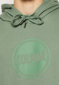 Grön huvtröja med snodd knuten i en rosett och rund Colmar-logotyp tryckt på bröstet.