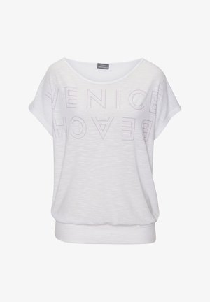 Top corto bianco a maniche corte con una vestibilità ampia, caratterizzato dal testo "VENICE BEACH" in viola chiaro. Tessuto morbido con scollatura rotonda.