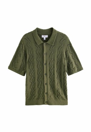 Green short-sleeve cardigan with a textured chevron pattern, button-up front, and a classic collar. Made from a soft knit material.
