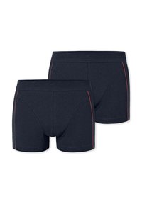 Two pairs of dark navy boxer briefs with red side stitching, shown front and back on a white background.