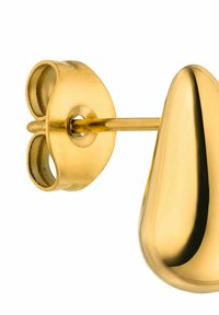 Goldfarbene Tropfohrringe mit einer glatten, tränenförmigen Form und einem kreisförmigen Rückenteil. Die Oberfläche ist poliert und reflektiert das Licht.