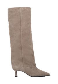 Kniehoge beige suède laars met een spitse neus, slanke silhoët en een korte stilettohak. Glad oppervlak met een naadloos ontwerp.