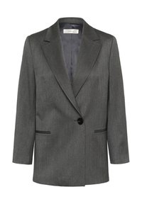 Grå blazer med en enkelt sort knap, notch lapels og to forlommer, lavet af tekstureret stof, designet til en skræddersyet pasform.